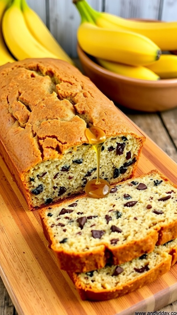 Banana Zucchini Bread with Maple Syrup Recipe A loaf of banana zucchini bread sliced on a wooden board, showcasing its moist texture with chocolate chips and a drizzle of maple syrup.